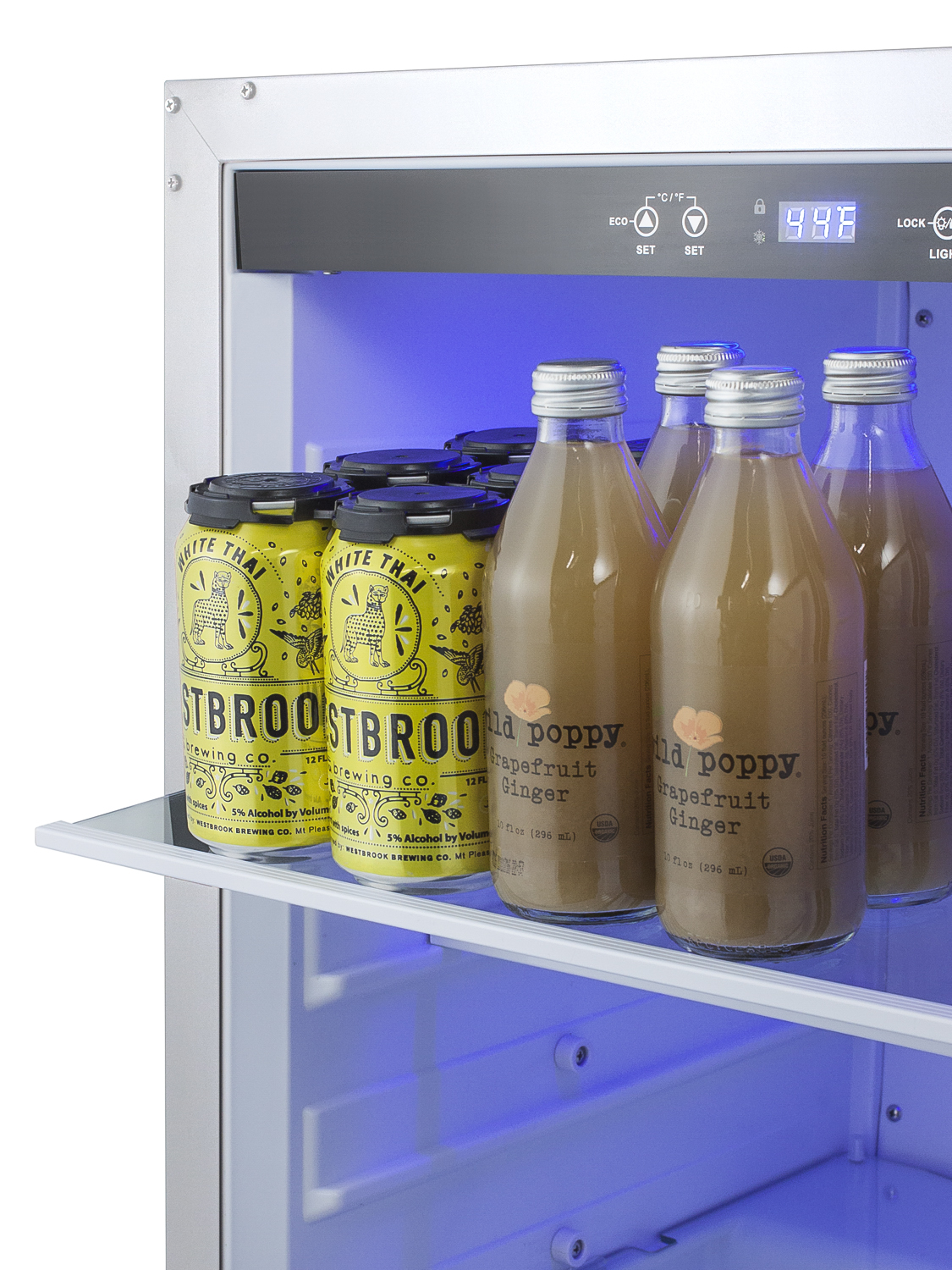 Built-in undercounter ADA-compliant all-refrigerator for outdoor use featuring a stainless steel exterior and digital controls